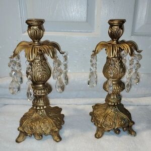 VINTAGE  BRASS Gold Candle Holders with Crystal Drops